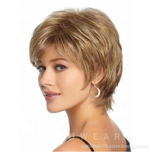 Wholesale heat resistant cheap synthetic hair short dark gold natueal wigs synthetic hair wigs for women